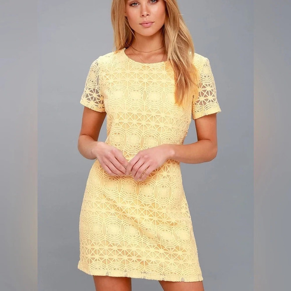 Lulus Dresses & Skirts - Lulus love you to eternity lace short dress yellow crochet 15651
